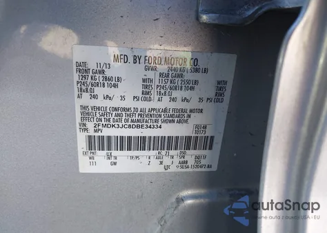 2013 Ford Edge Sel from USA, damaged, VIN 2FMDK3JC8DBE34334